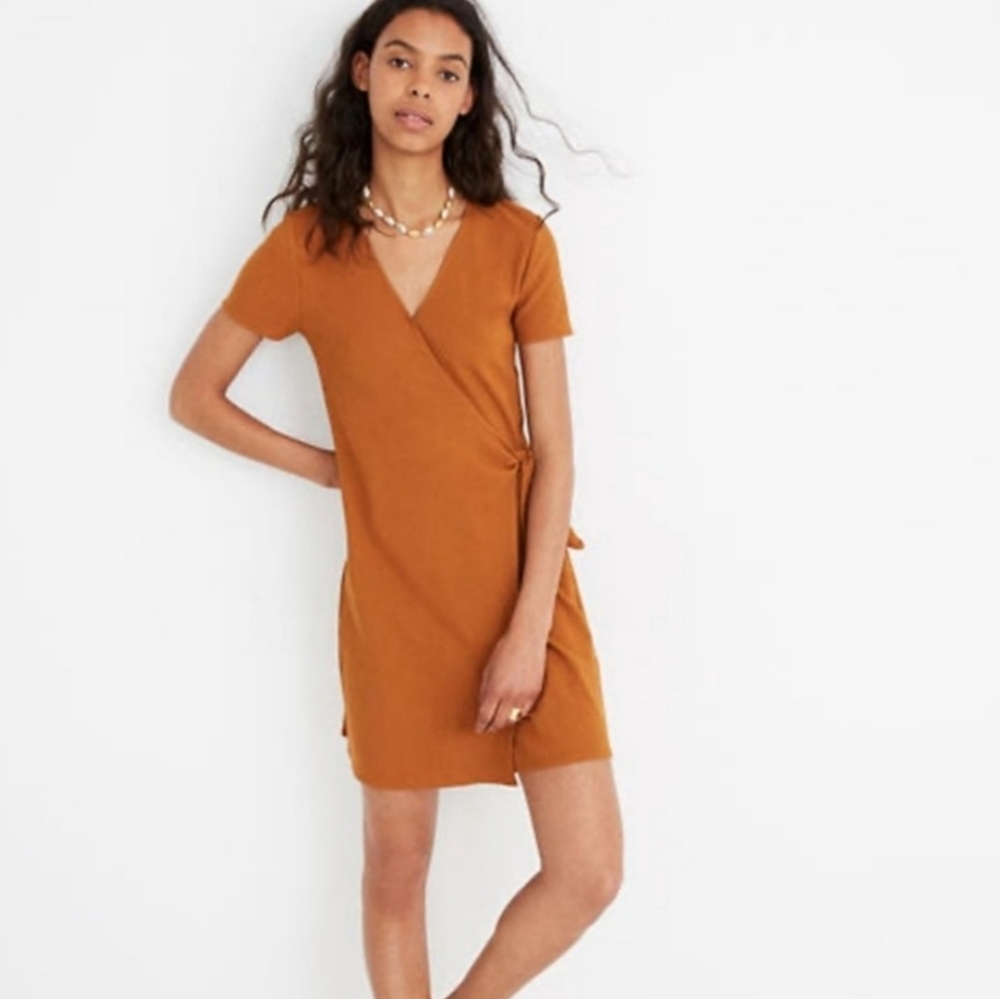 MADEWELL Texture & Thread Carmel Brown Wrap V Neck Sheath Dress Xxs NWT